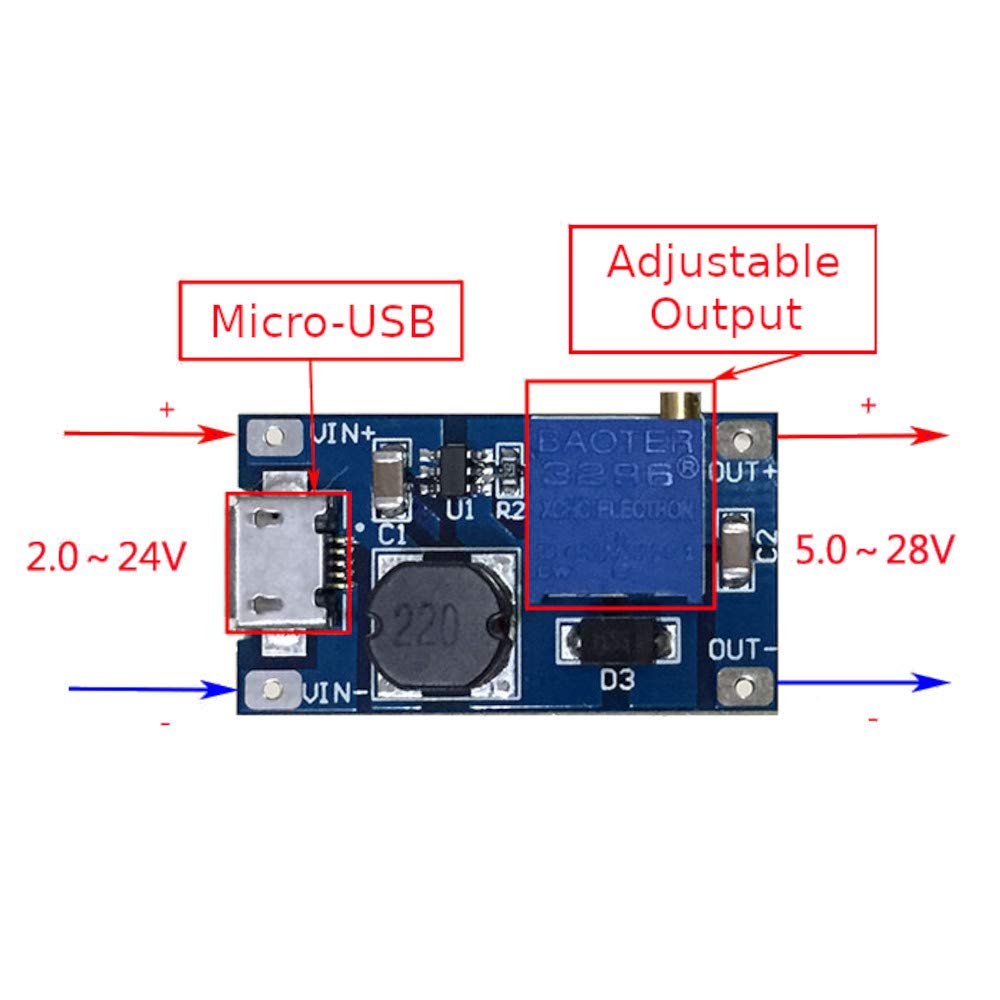 20pcs JacobsParts DC-DC Micro-USB Step Up Boost Module 2-24V Input 5V 9V 12V 28V Adjustable Output Power Converter MT3608