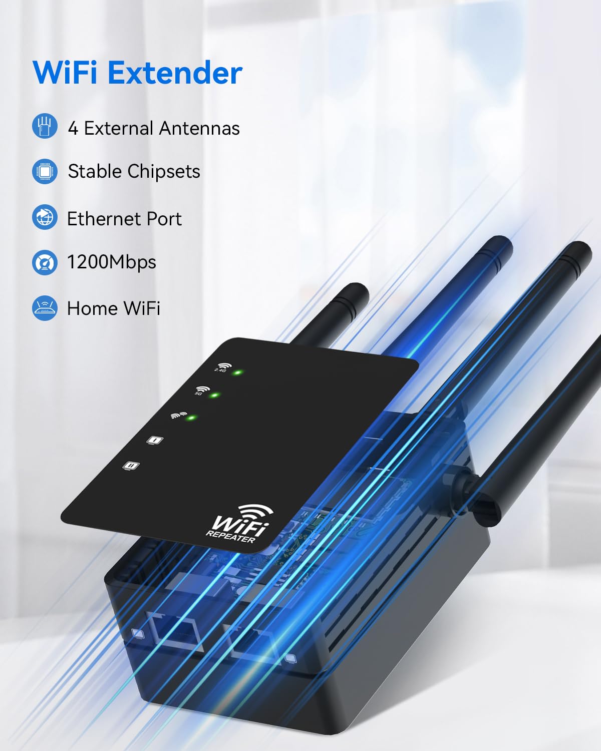 WiFi Extender with 4 Antennas 1200Mbps - Dual Band 5GHz/2.4GHz, WiFi Extender Signal Booster with 3 Modes Support, WiFi Repeater with 12880 Sq.ft 105