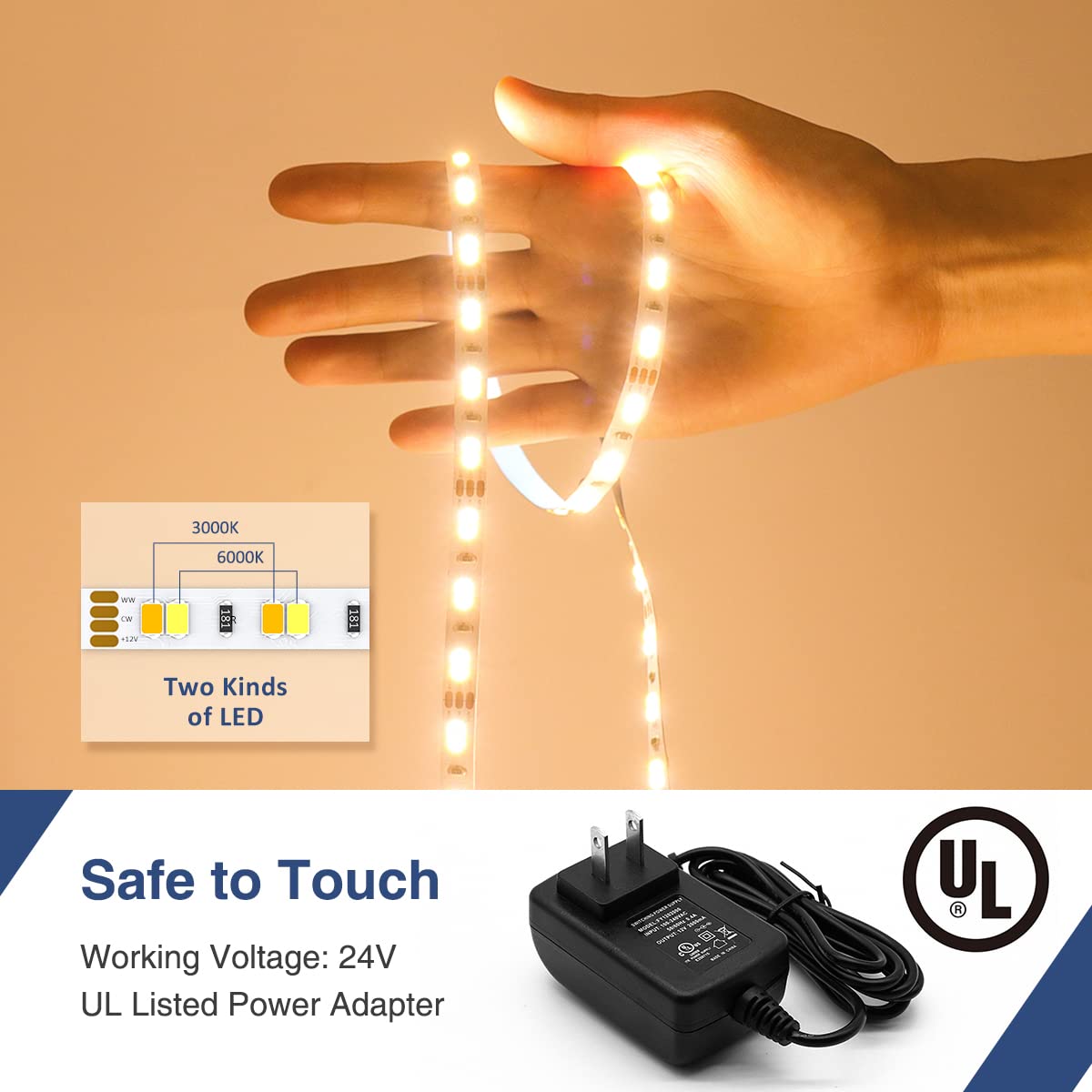 Ustarus White LED Strip Lights 82ft 24V Dimmable 3000K-6000K LED Tape Rope Light with Remote Flexible 2835 LED Ribbon for Kitchen Under Cabinet Mirror