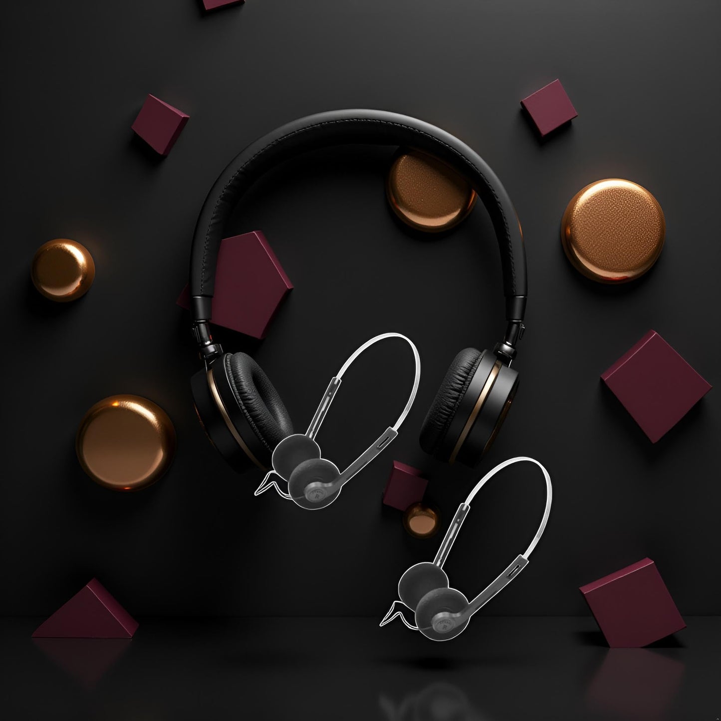Yxinjy 2 Pcs Black Retro On Ear Headphones, Lightweight Portable Headphone with Adjustable Headband, Wired Stereo Headphones, Over-Ear