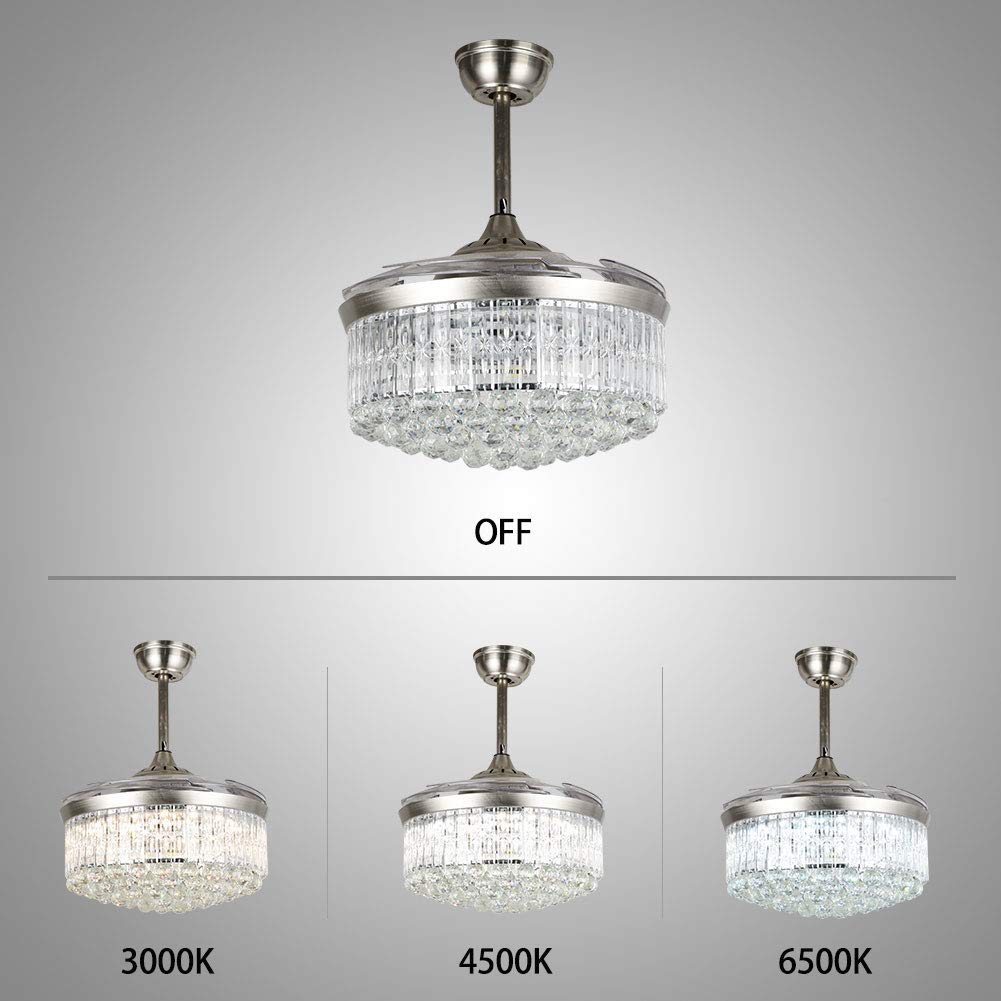 Cretifity Crystal Chandelier Fan with Light, 42" Modern Fandelier Ceiling Fan with Retractable Blades and Remote Control, 3 Speed and Light Adjustable