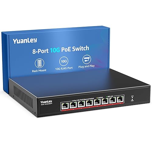 YuanLey 8 Port 10G PoE Switch Unmanaged, 8 x 10G Base-T PoE Ports, IEEE802.3af/at, 110W Built-in Power, Compatible with 1G/2.5G/5G/10G, Metal Case