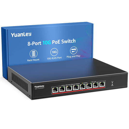 YuanLey 8 Port 10G PoE Switch Unmanaged, 8 x 10G Base-T PoE Ports, IEEE802.3af/at, 110W Built-in Power, Compatible with 1G/2.5G/5G/10G, Metal Case