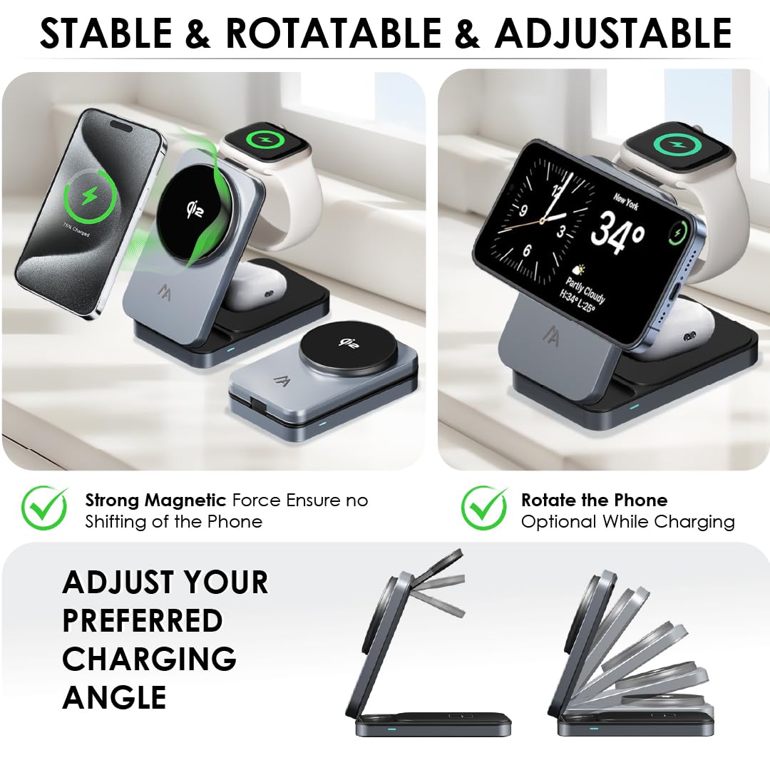 3 in 1 Charging Station, Magsafe Qi2 Wireless Charger Stand, Foldable Wireless Charging Station Compatible with Your Apple iPhone 16/15/14/13/12