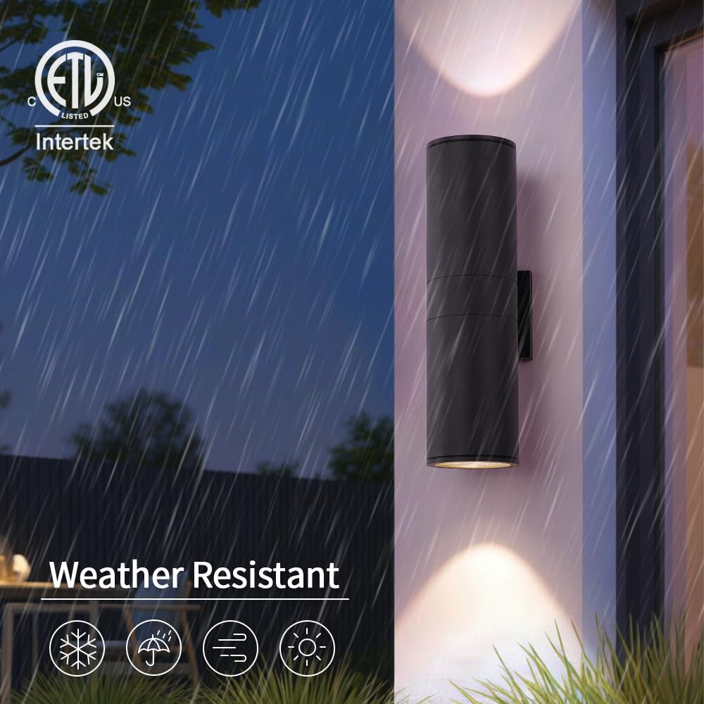 Cerdeco 15" Black Modern Outdoor Wall Light 2 Pack,Cylinder Up Down Aluminum Exterior Wall Sconce for House Porch Garage Patio Doorway Entryway,ETL