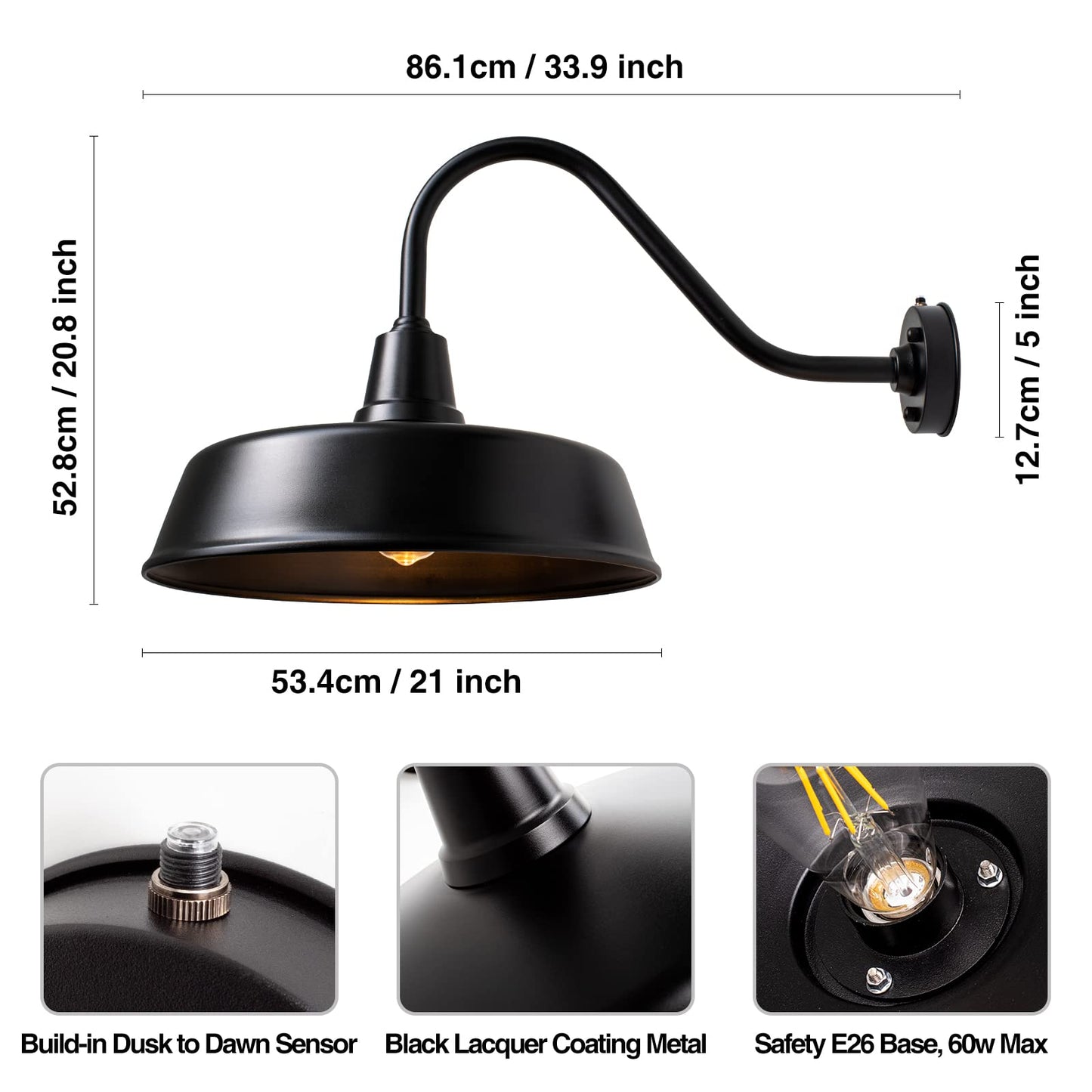 Naurham 21 inch Barn Lights Outdoor Gooseneck Lighting, Dusk to Dawn Black Exterior Barn Lights, Farmhouse Wall Lighting Fixtures with Sensor