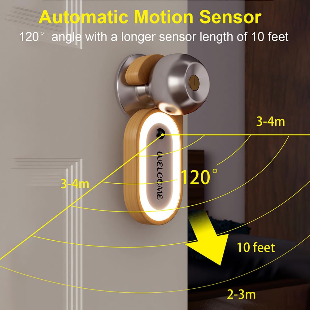 LANDGOO 1-Pack Retro Wooden Door Knob Night Light with Motion Sensor & Message Board, Rechargeable Wall Mount Lamp with Hook, Hotel Style LED Light