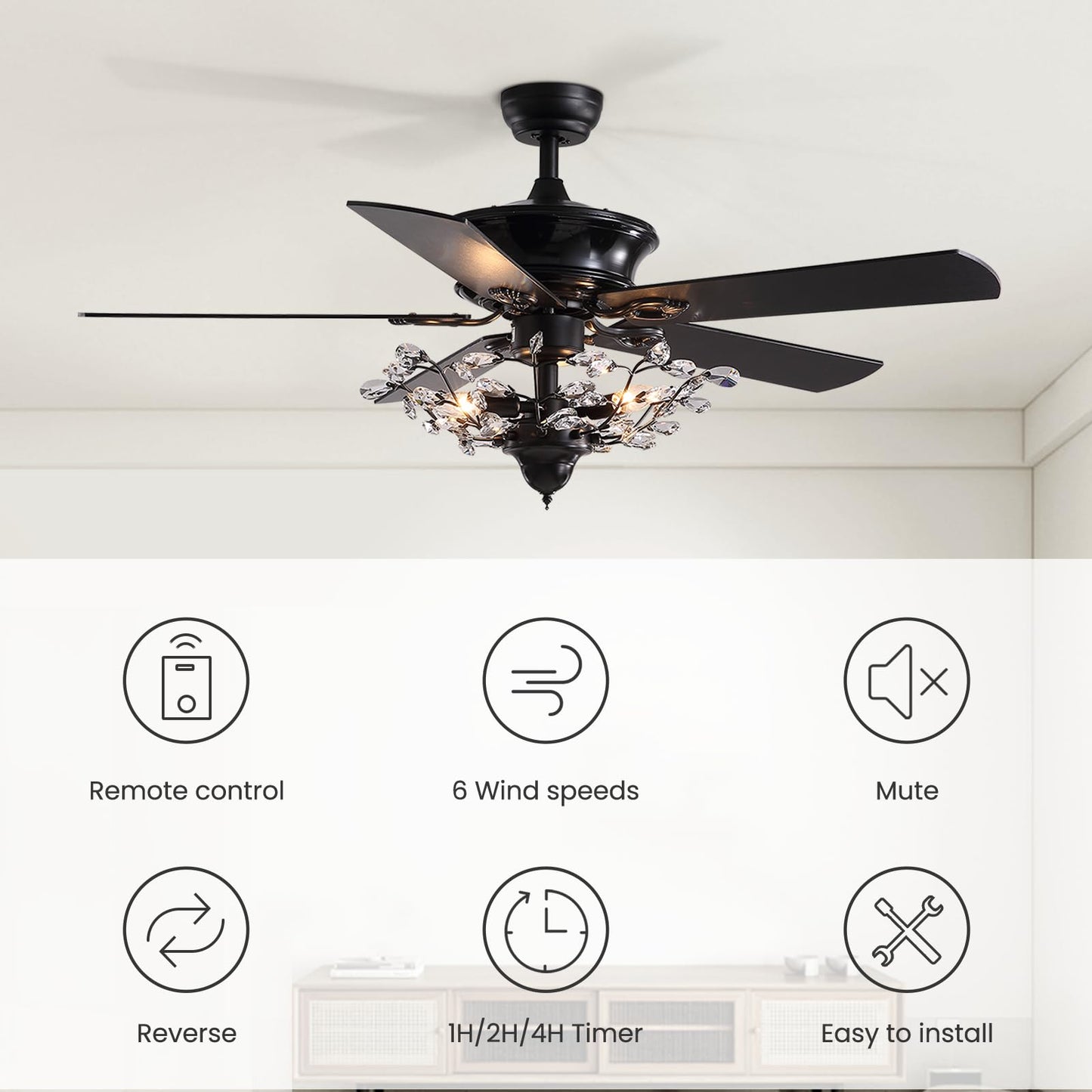 MOOONICHE 50" Crystal Ceiling Fan with Lights and Remote, Black Vintage Chandelier Fan Light with Wood Blades, Reversible Motor, 6-Speed, Timer, Retro