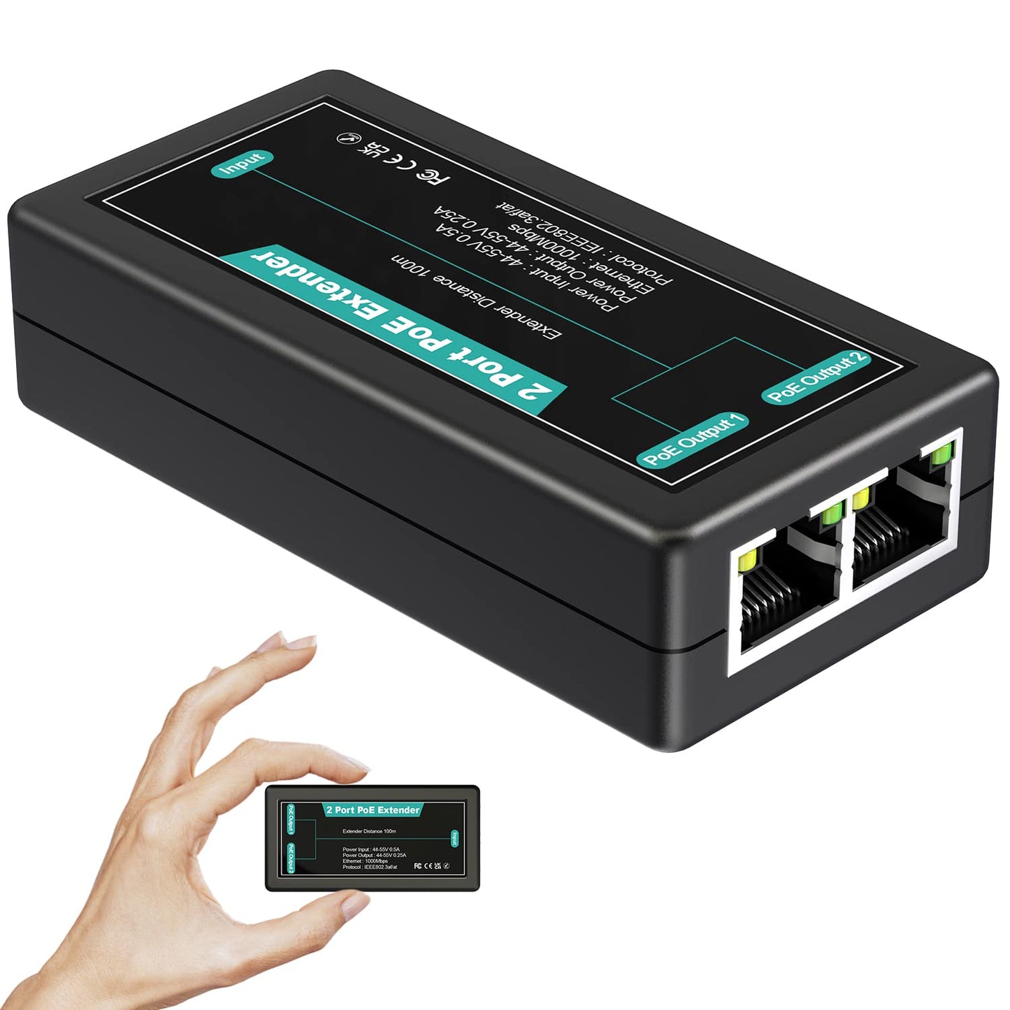 VIMIN 2-Port Gigabit PoE Extender, 1 in 2 Out Indoor PoE Repeater Support IEEE802.3af/at with 1000Mbps, Extend Additional 100m(328ft) of Power