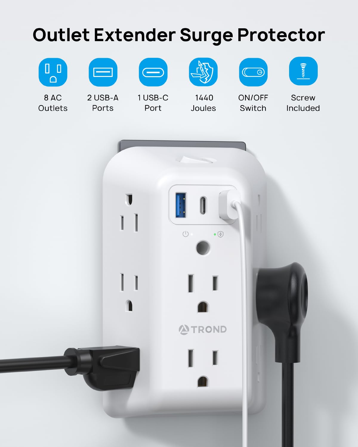 TROND Surge Protector Outlet Extender, 8 AC Plug Splitter with 3 USB Ports, Multi Plug Wall Outlet with ON/Off Switch, 1440J Widely Spaced USB Wall