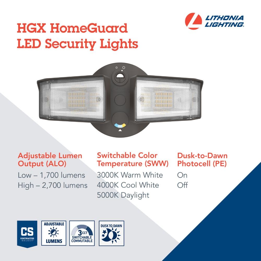 Lithonia Lighting HomeGuard 2-Light LED Outdoor Flood Lights, Outdoor LED Lights, Dusk to Dawn Sensor, Adjustable Lumens, Selectable Color, Square