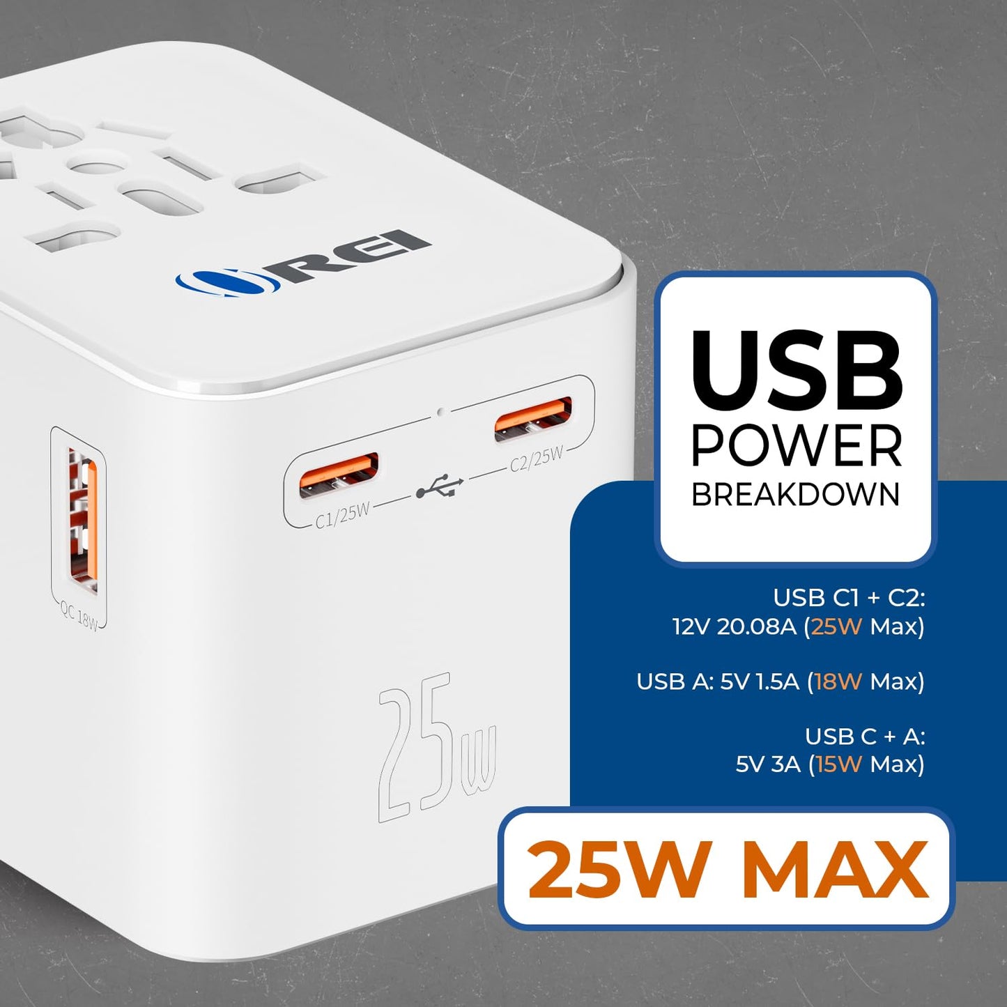 OREI World Travel Plug Adapter - 2 USB + 1 Universal Outlets - Slots for Europe, Asia, China, Japan, Africa - Perfect for Cell Phones, Tablets…
