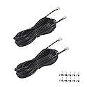 YIENFBEV 15FT Telephone Extension Cord Cable, Landline Phone Line Wire with RJ11 6P4C Plugs, Includes Cable Clips - Black - 2 Pack