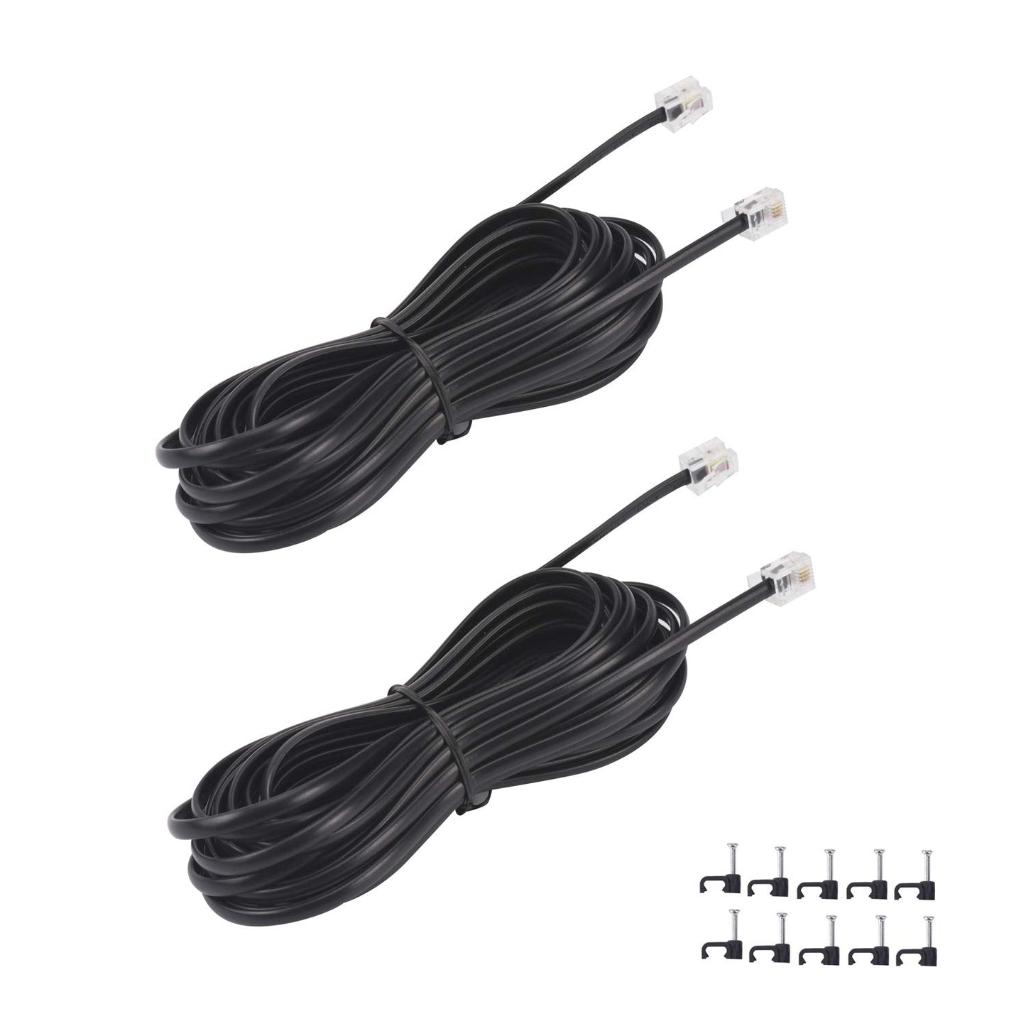YIENFBEV 15FT Telephone Extension Cord Cable, Landline Phone Line Wire with RJ11 6P4C Plugs, Includes Cable Clips - Black - 2 Pack