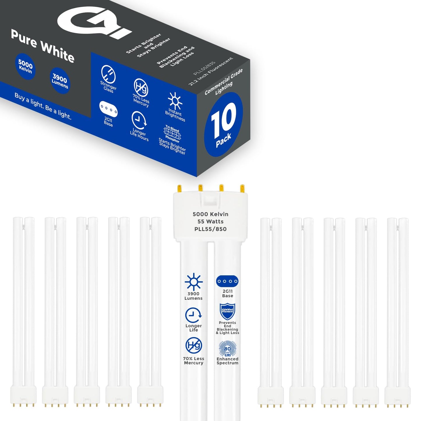 GoodBulb PLL55/850 | 55W 21.2" Twin Tube Compact Fluorescent Light Bulb | 4-pin 2G11 Base 5000K Daylight 3900 Lumen | 36000 Hour Long Life Biax | Pack
