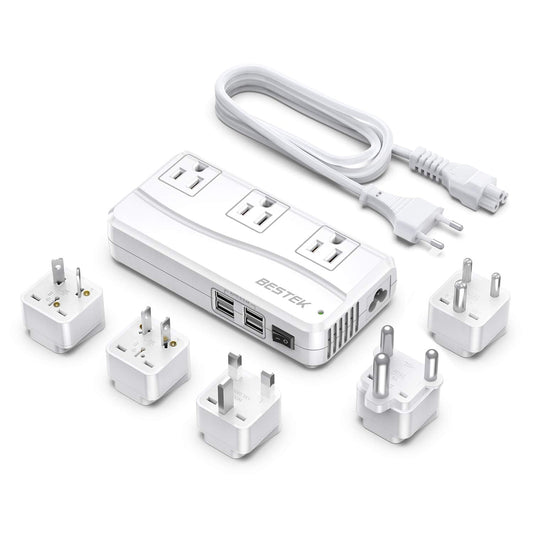 BESTEK 250W International Power Adapter – 220V to 110V Step Down Voltage Converter with 4 USB Ports & US/EU/UK/AU/India/SA Plugs, White