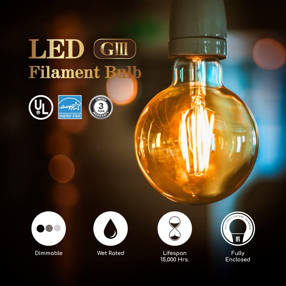 Euri Lighting VG25-3020ea, Dimmable LED G25 Globe Filament, 7W (75W Equal), Warm White (2200K), 600lm, 80CRI, 320° Beam, Amber, E26, 120V, Wet Rated