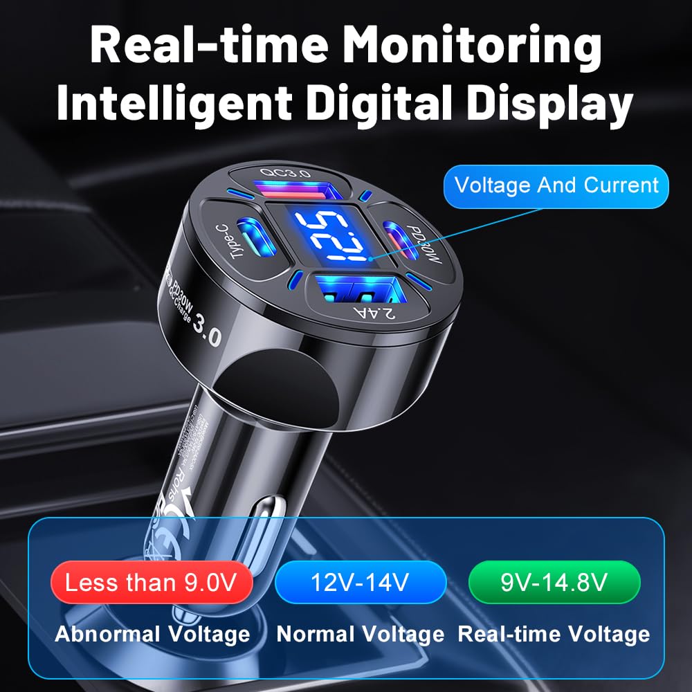 Alanph Multi Port USB C Car Phone Charger Adapter with Voltmeter, 4 in 1 100W Fast Charging Cigarette Lighter USB Charge for iPhone 16 15 14 13 12 11