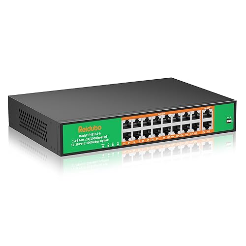 16 Port PoE Switch, 16 PoE+ 100Mbps Ports with 2 Gigabit Uplink, 300W Built-in Power, Support IEEE802.3af/at, Fanless, Rack Mount, Unmanaged Plug