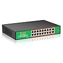 16 Port PoE Switch, 16 PoE+ 100Mbps Ports with 2 Gigabit Uplink, 300W Built-in Power, Support IEEE802.3af/at, Fanless, Rack Mount, Unmanaged Plug