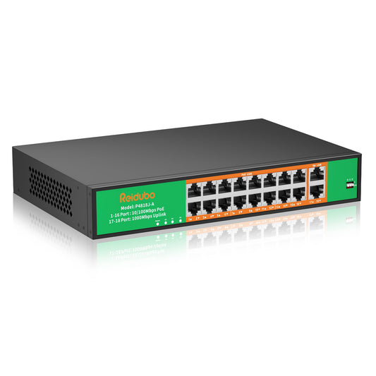 16 Port PoE Switch, 16 PoE+ 100Mbps Ports with 2 Gigabit Uplink, 300W Built-in Power, Support IEEE802.3af/at, Fanless, Rack Mount, Unmanaged Plug