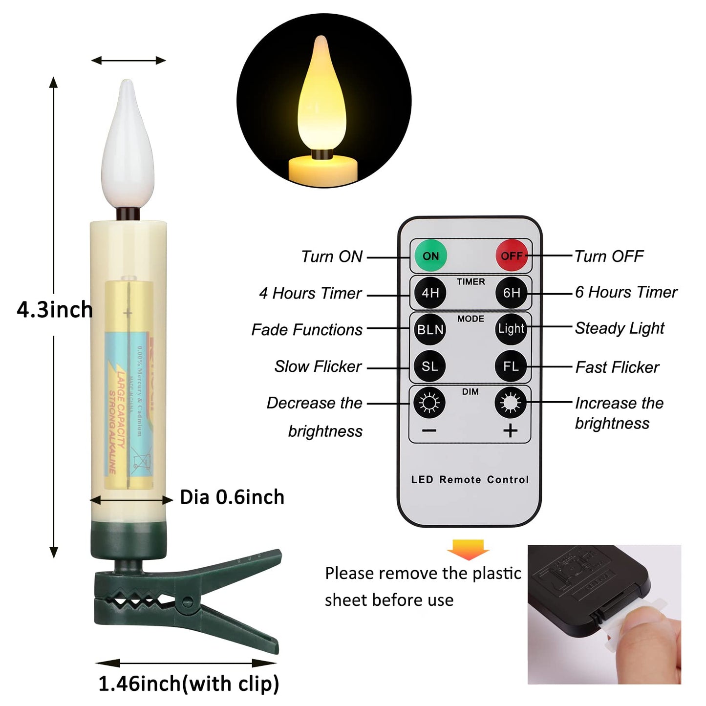 FREEPOWER Christmas Tree Taper Candles with Removable Clips Flameless Electric Fake Candles with Remote Control and Timer for Christmas and Home