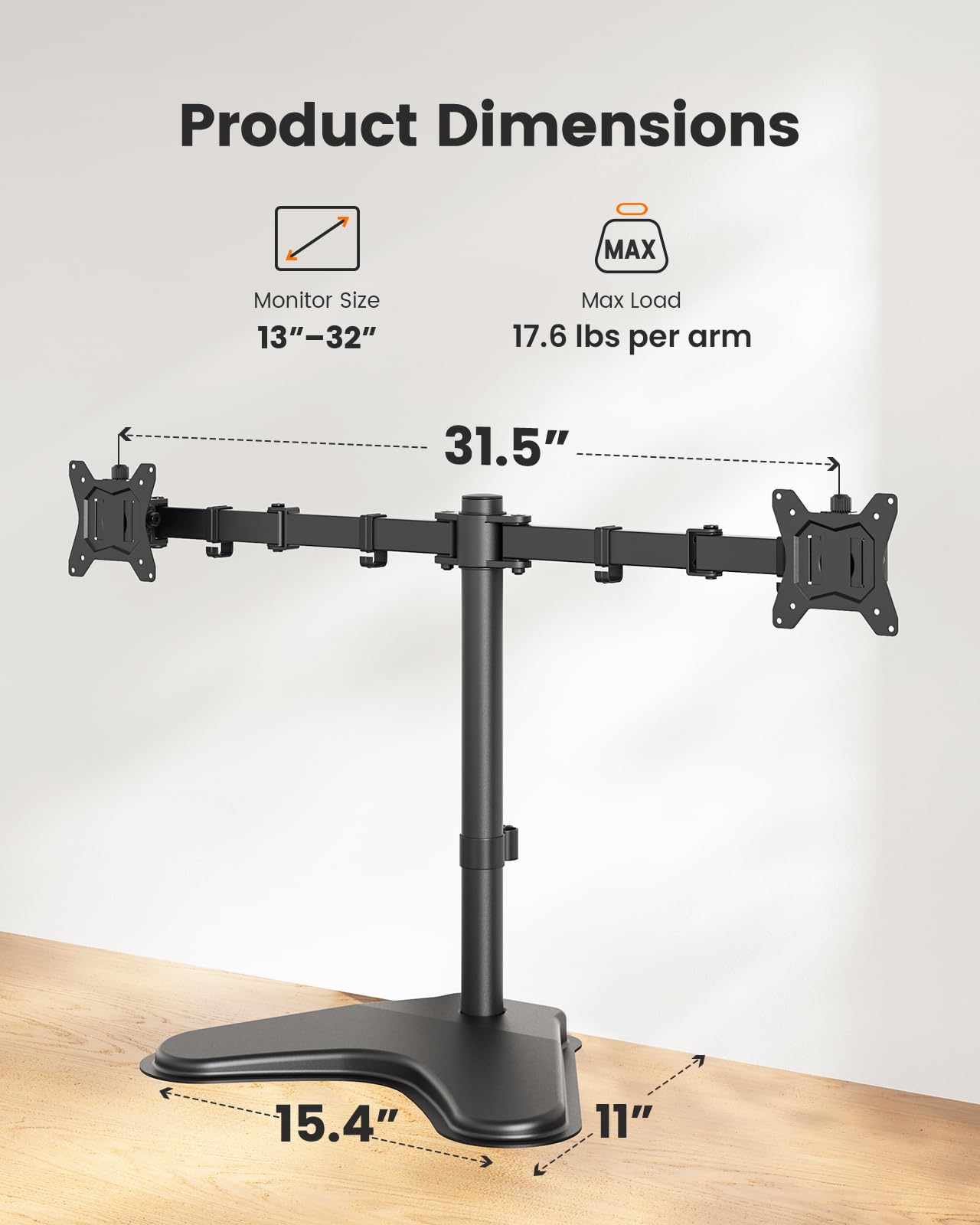 ErGear Freestanding Dual Monitor Stand for 2 Screens up to 32 inch, Heavy Duty Monitor Mount Holds Max 17.6 lbs per Arm, Height Adjustable Gaming