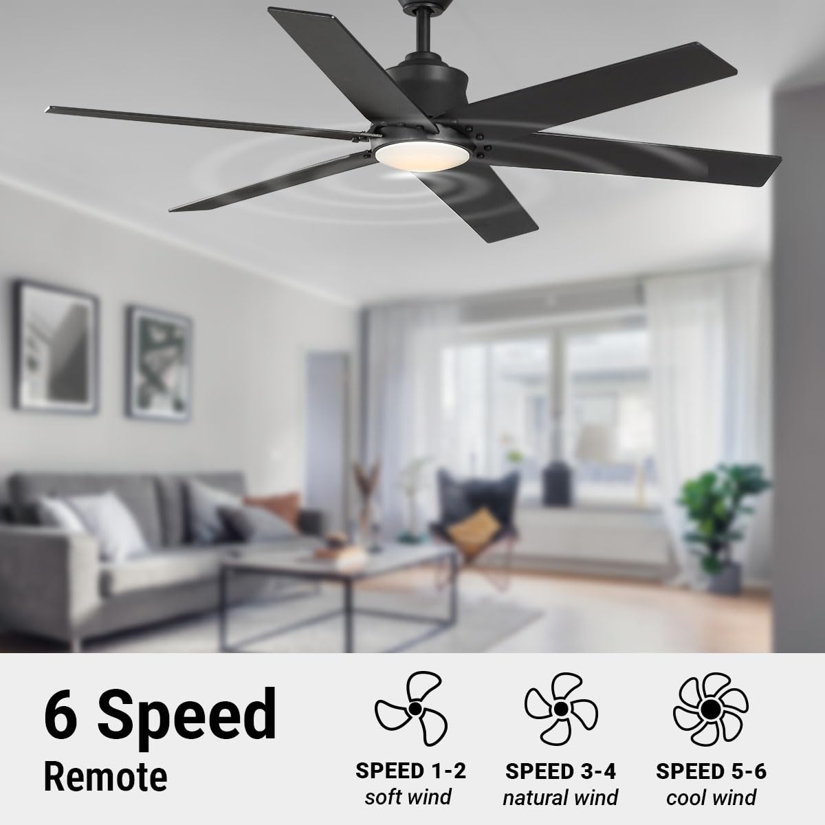 Wynwood Markus 56" Indoor Ceiling Fans with Lights, Matte Black Modern Ceiling Fan, 6-Blade DC Motor, 6-Speed Remote Control, Dimmable LED with 6