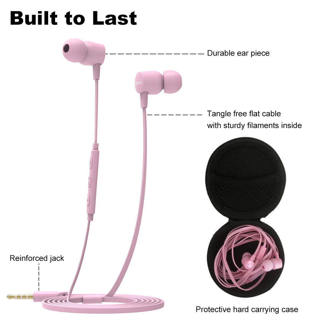 Joymiso Tangle Free Earbuds for Kids Women Small Ears with Case, Comfortable Lightweight in Ear Headphones, Flat Cable Ear Buds Wired Earphones