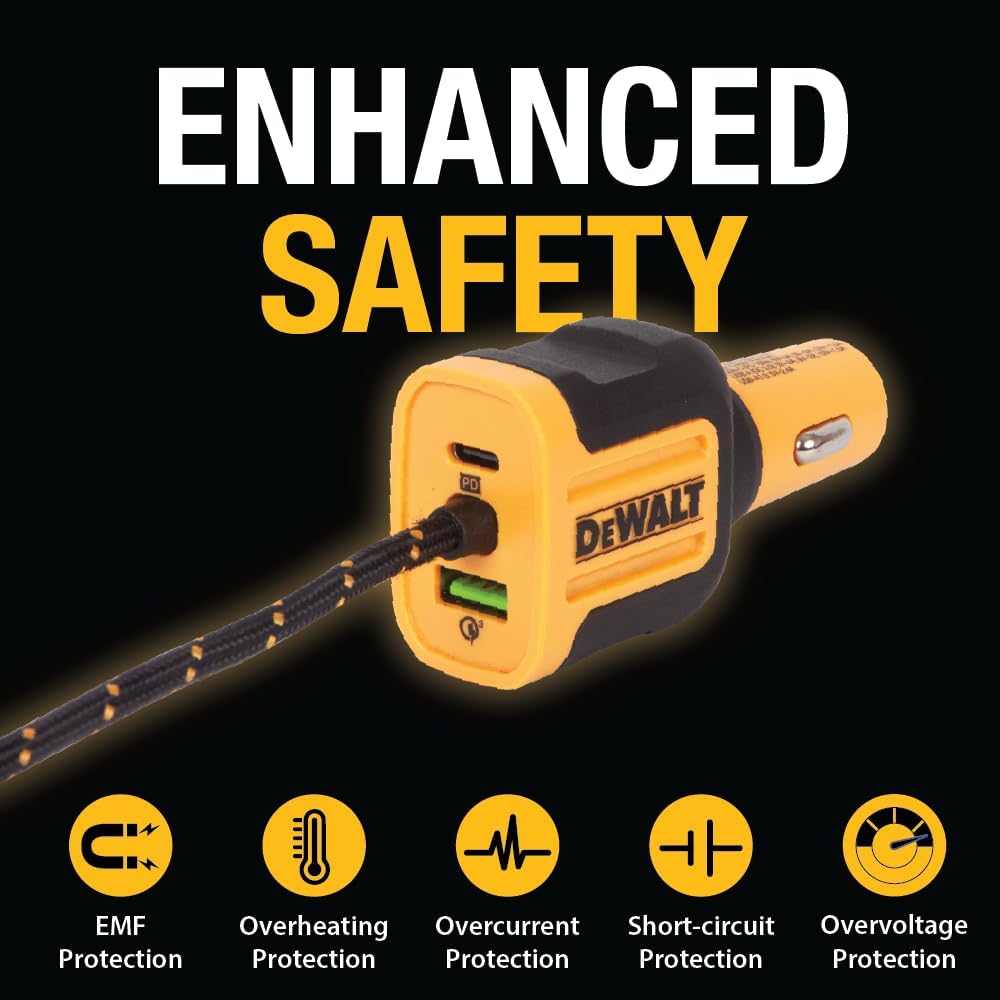 DEWALT Heavy Duty 72W 5 Port USB Car Charger Multiport, iPhone 16 Multi USB Car Charger, Fast Charge PD & QC3.0 Cigarette Lighter Adapter w/ 6FT