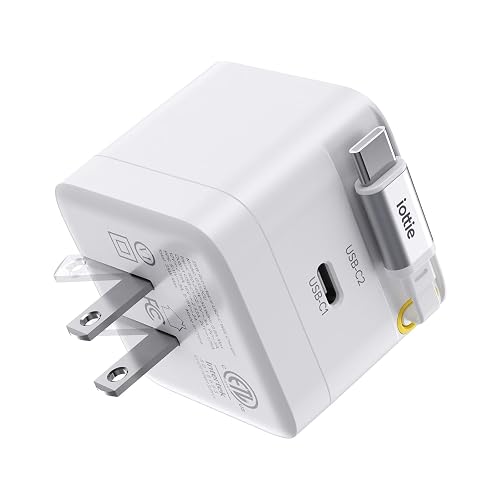 Basix by iOttie 35W GaN Wall Charger with Built-in Retractable USB-C Cable and Extra USB-C Port, Dual Device Fast Charging, Compact Travel Charger
