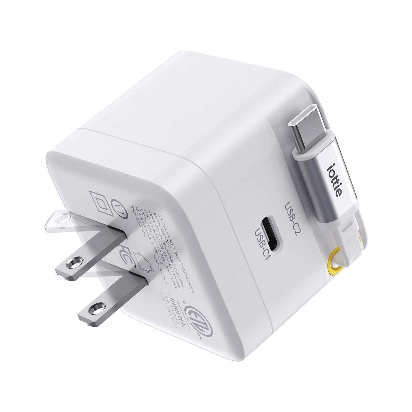 Basix by iOttie 35W GaN Wall Charger with Built-in Retractable USB-C Cable and Extra USB-C Port, Dual Device Fast Charging, Compact Travel Charger