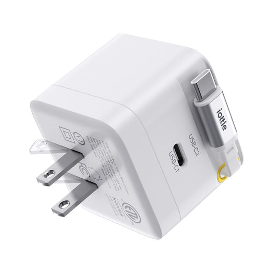Basix by iOttie 35W GaN Wall Charger with Built-in Retractable USB-C Cable and Extra USB-C Port, Dual Device Fast Charging, Compact Travel Charger