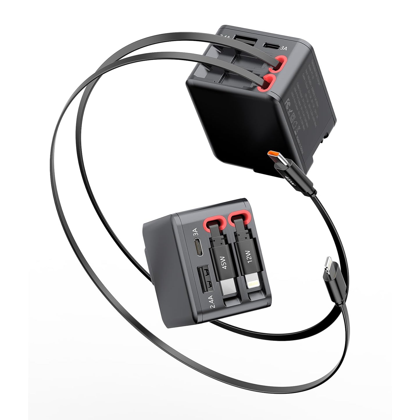 4-in-1 Retractable wall Charger with PD Fast Charging, Featuring Dual USB Ports, Lightning and Type-C Data Cables, a Foldable Four-Port Plug, and a