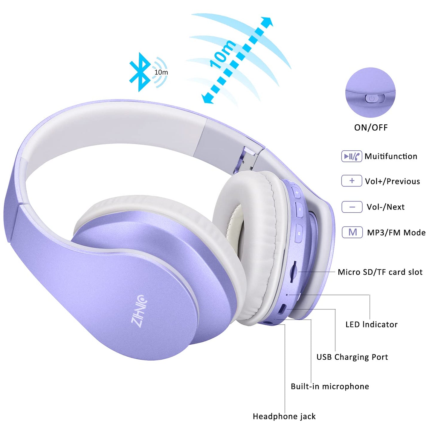 ZIHNIC Bluetooth Headphones Over-Ear, Foldable Wireless and Wired Stereo Headset Micro SD/TF, FM for Cell Phone,PC,Soft Earmuffs &Light Weight…