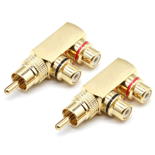 LOCHSOEL RCA Splitter Adapter,Right Angle RCA Male to 2 Female AV Splitter Adapter Gold Plated Connector(2Pack)