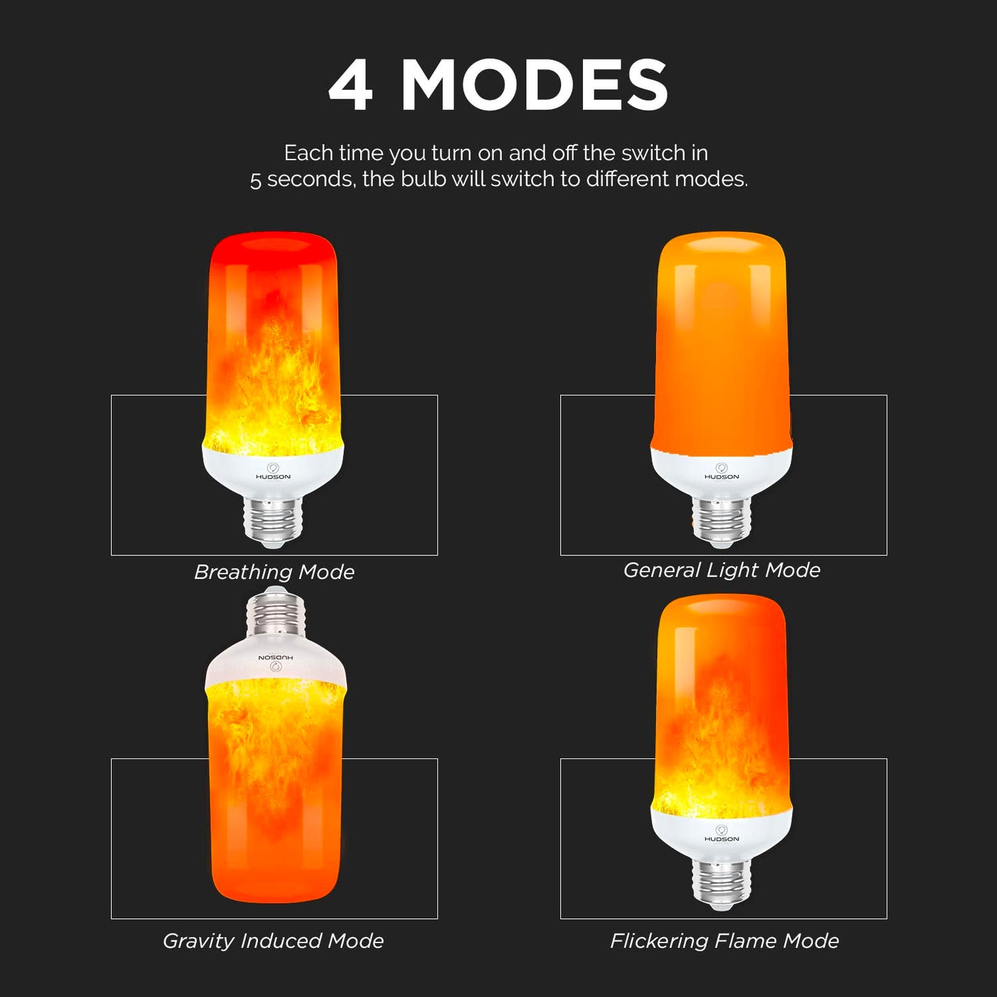 Hudson LED Halloween Bulbs - Flame Effect, 4?Mode Upside Down & 3W Flicker - E26/E27 Orange Fire - 2?Pack for Indoor/Outdoor - Flame Light