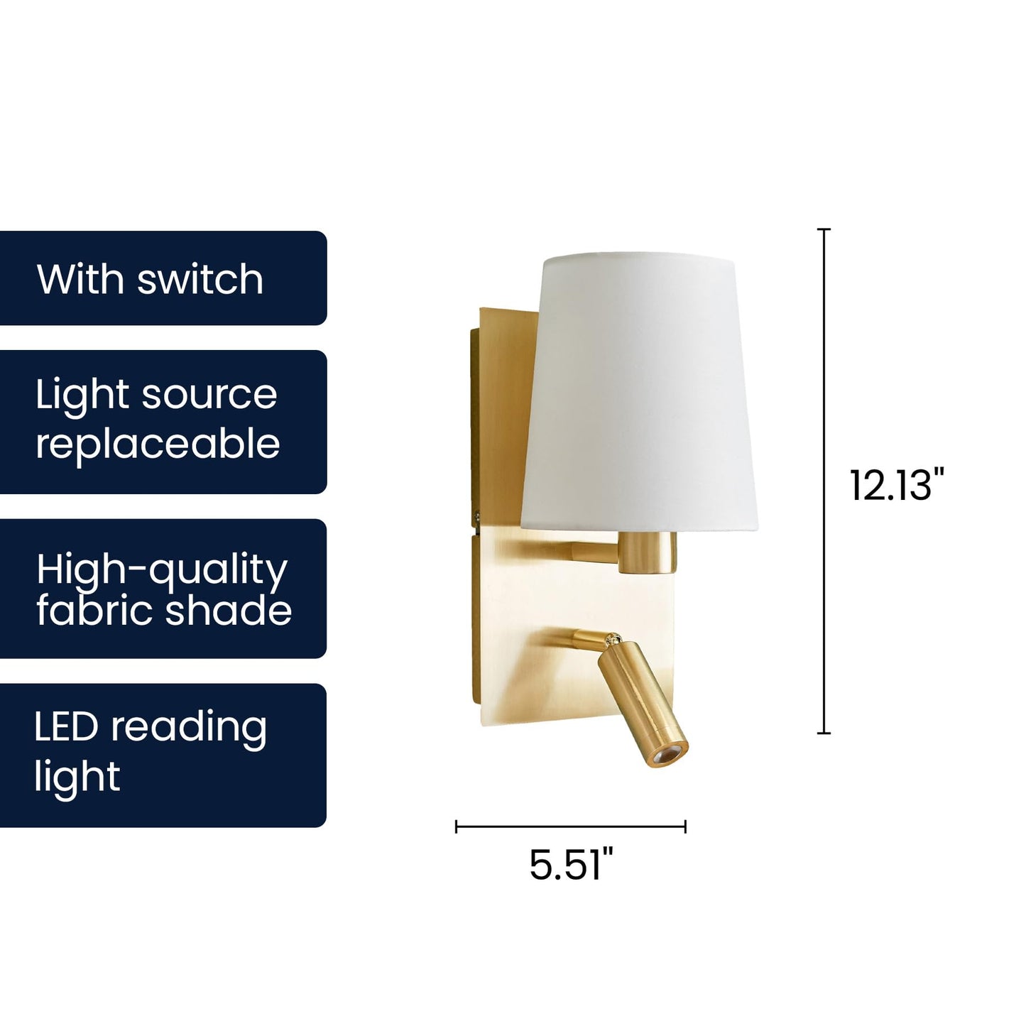 Lucande 12.1" Wall Sconce with Shade & Reading Light, White Fabric Wall Lamp for Bedroom, Gold Bedside Wall Light with LED Reading Light 3000K 205 lm