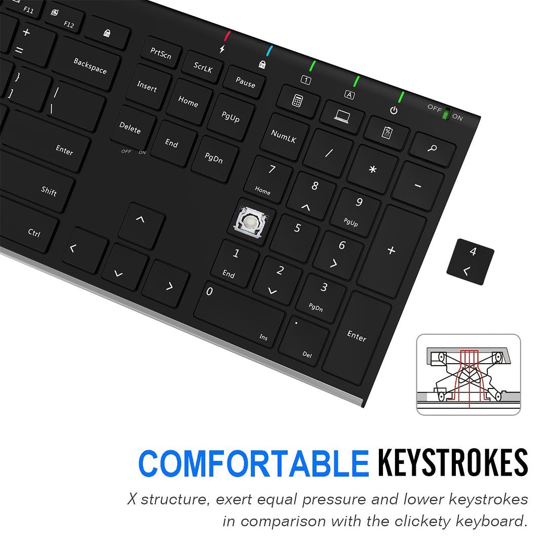 Arteck 2.4G Wireless Keyboard Stainless Steel Ultra Slim Full Size Keyboard with Numeric Keypad for Computer/Desktop/PC/Laptop/Surface/Smart TV