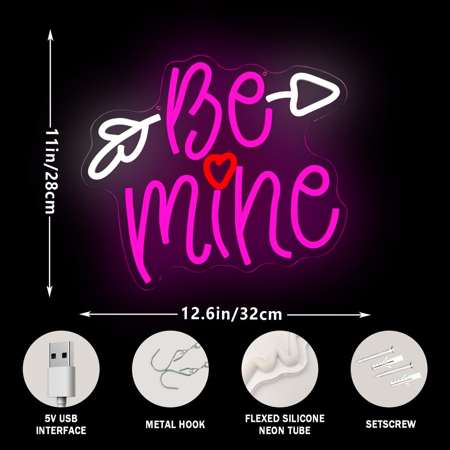 Valentine's Day Neon Sign Be mine Neon Sign for Wall Decoration Dimmable Pink LED Heart Shaped Neon Sign for Wedding Anniversary Bedroom Neon Wall