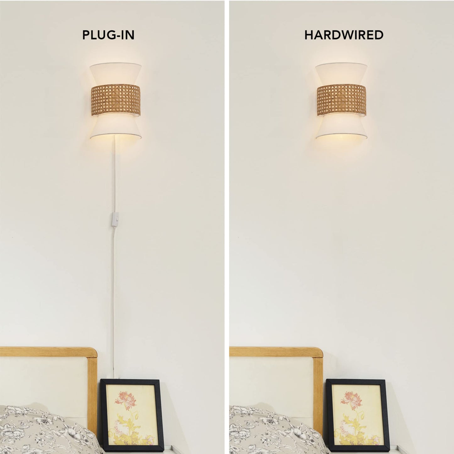Globe Electric 65925 2-Light Plug-in or Hardwire Wall Sconce, Matte White Fabric Shade with Natural Rattan Accent, 6ft Braided Cord, in-Line Rocker