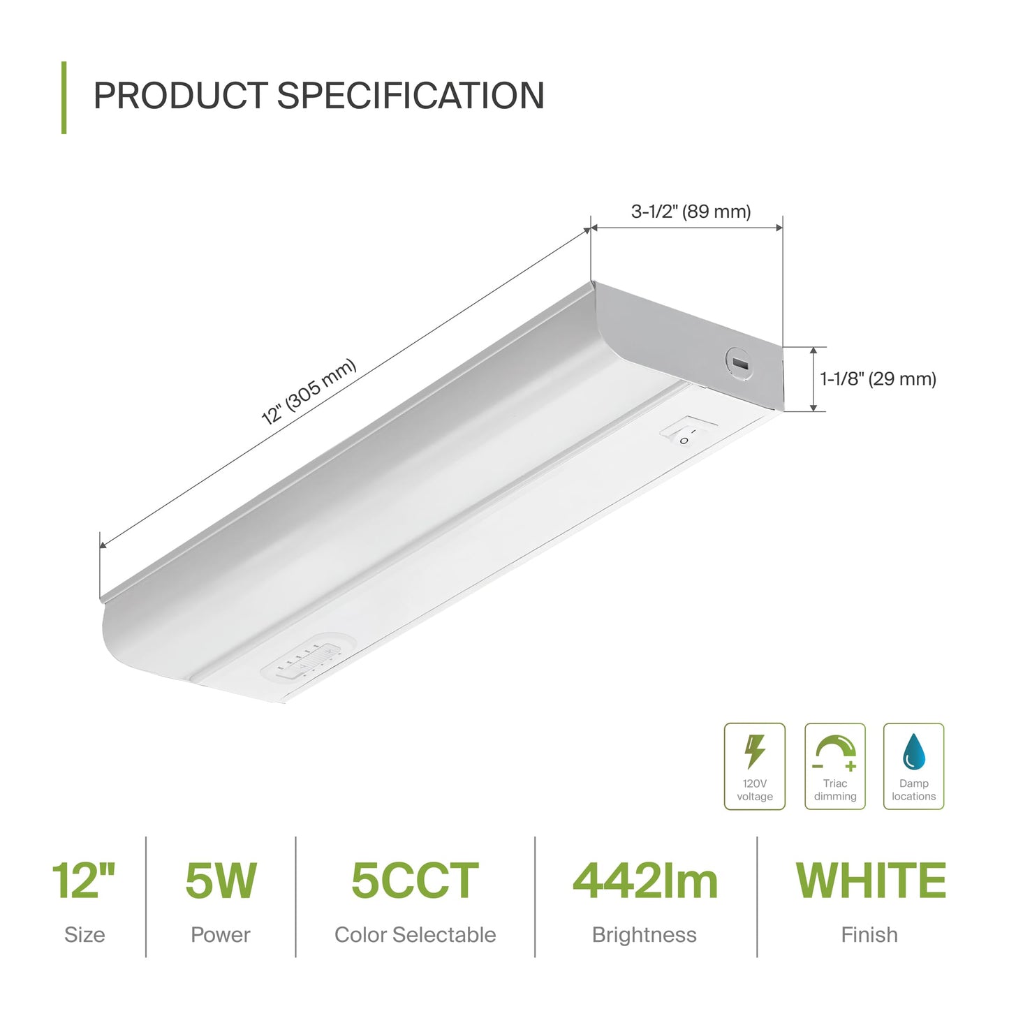 ASD LED Under Cabinet Lighting Hardwired, 12 Inch 5W 2700K-5000K Selectable, 442LM, CRI90+, Direct Wire Linkable Under Counter Lights for Kitchen
