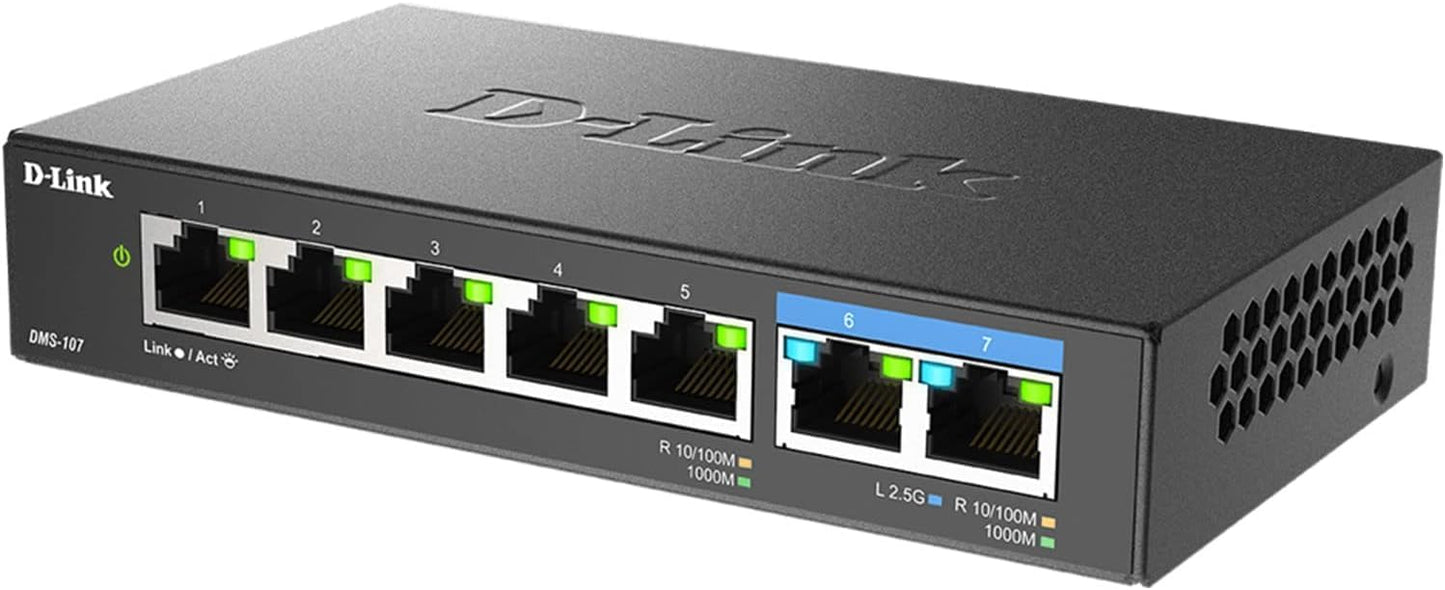 D-Link 7-Port 2.5GB Unmanaged Gaming Switch with 2 x 2.5G, 5 x 10/100/1000 Mbps - Multi-Gig, Network, Fanless, Plug & Play (DMS-107) Black
