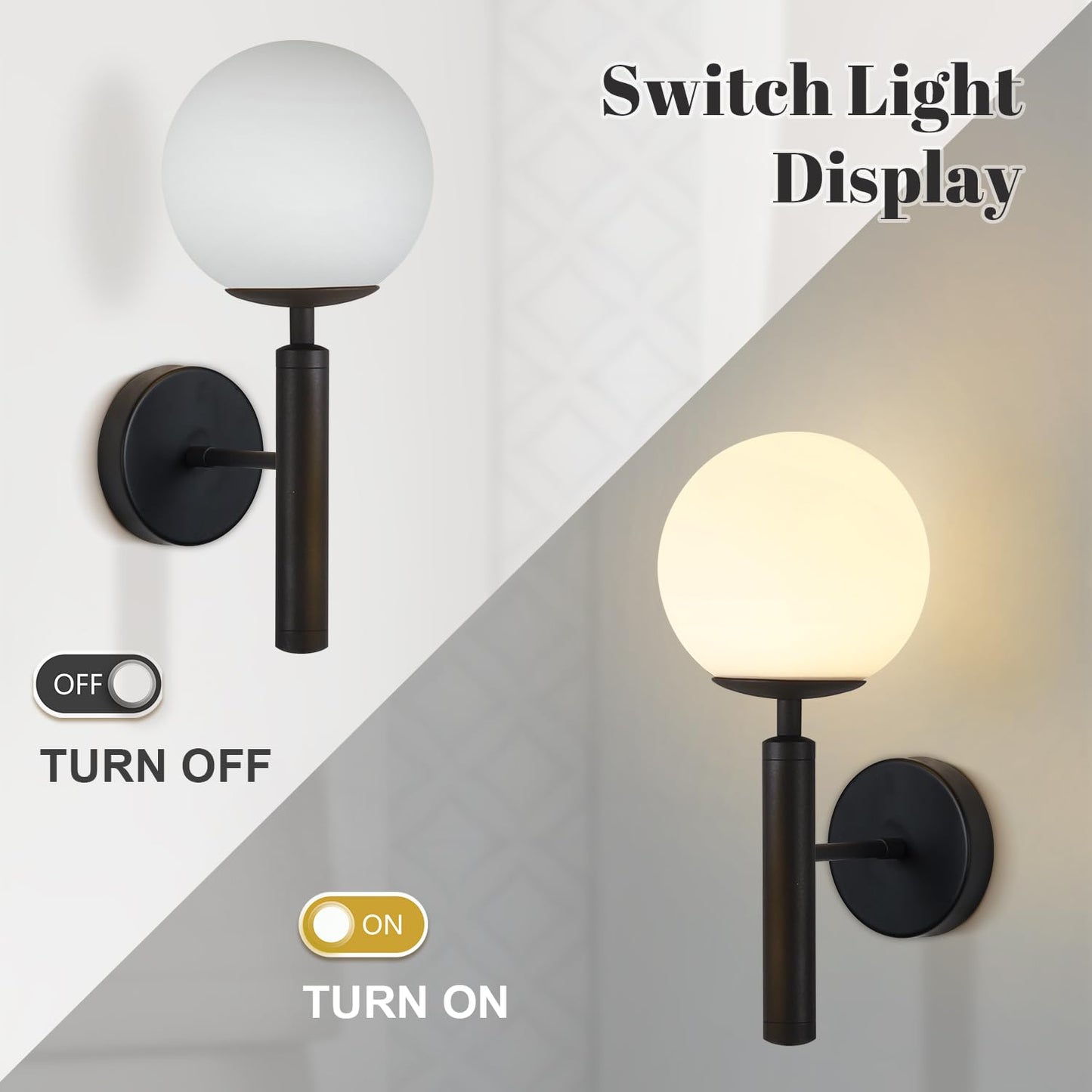 KCO Lighting Black Mid Century Modern Wall Sconce Vintage White Milk Glass Wall Sconce Globe Wall Light Bathroom Wall Light Fixture Bedroom Wall