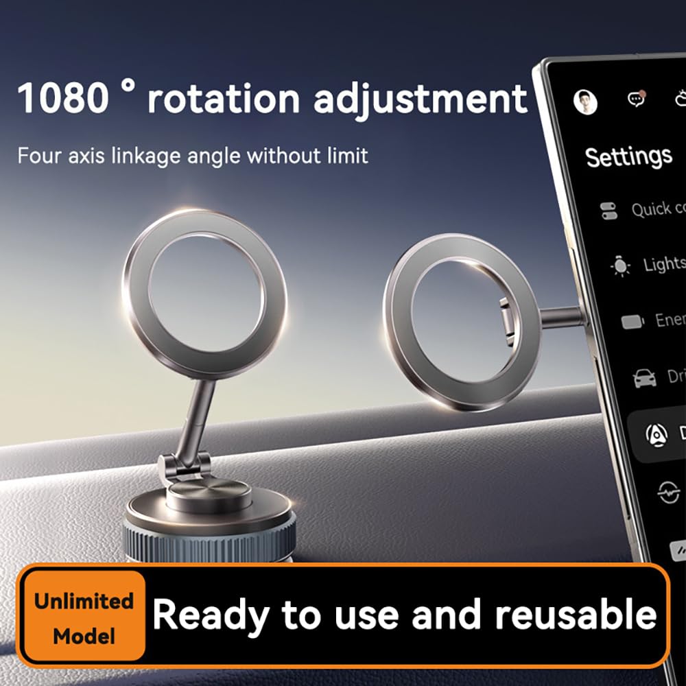 [Newly Upgraded] Metal Magnetic Car Phone Holder | Dual Insurance of Vacuum + Adhesive | 360° Rotation Without Dead Angle | Magnetic Ring Included(for