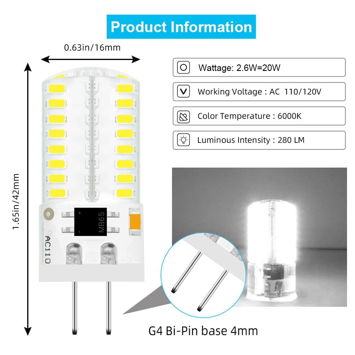 TZHILAN TIANZHILANSKY Pack 10 G4 LED Bulb Dimmable 110V 120V 2.6W 280 Lumens 64pcs Silicone Lamp Equivalent to 20W Halogen Bulb Replacement Daylight