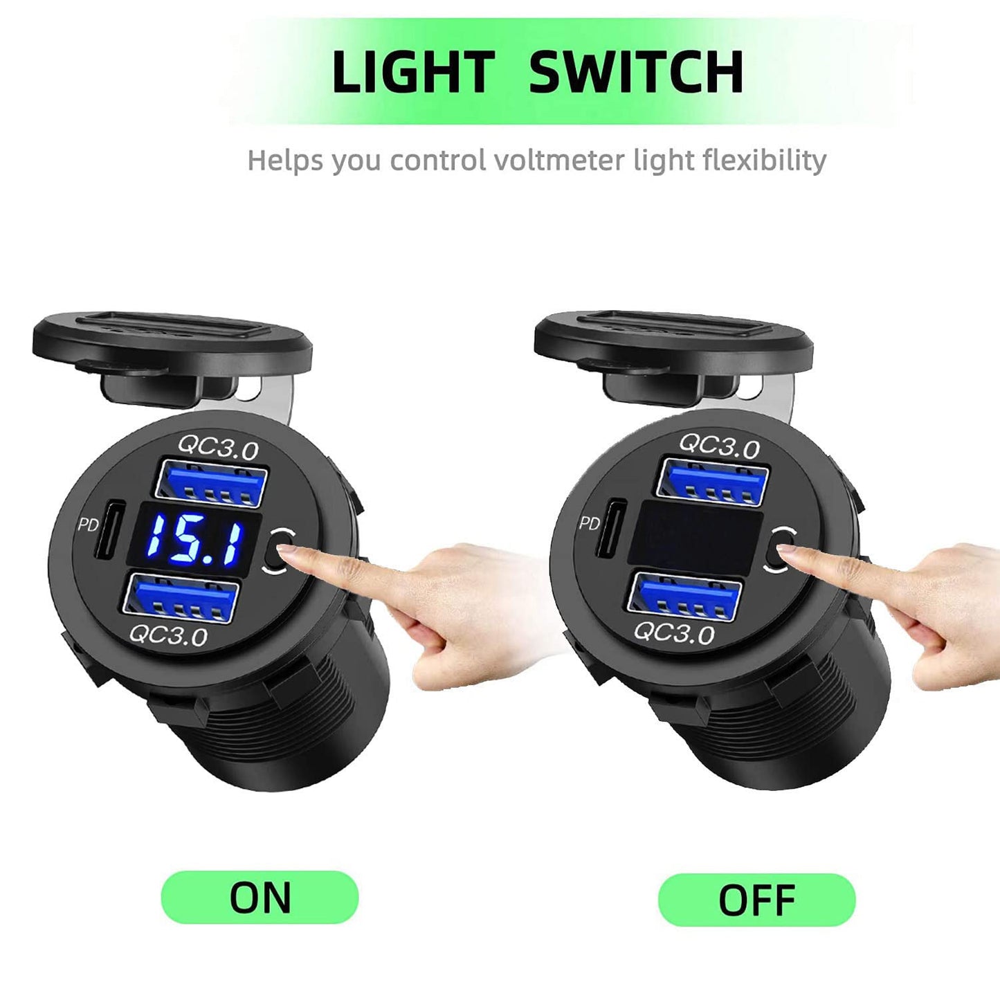 Zennova [5 Pack] 12v USB Outlet, Dual USB Quick Charge 3.0 Port and PD USB C Car Charger Socket Waterproof with Voltmeter and Power Switch for Car