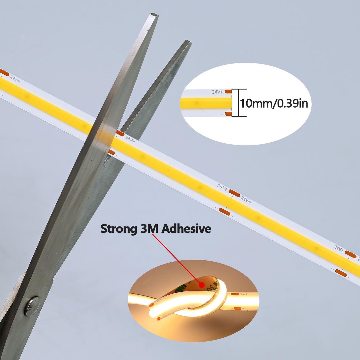 GOMING 24V Super Bright COB LED Strip Light Warm White 3000K 16.4ft(5M) 621LM/FT 14.5W/M CRI 93+ High Density 480LED/M IP20 Not Waterproof LED Tape