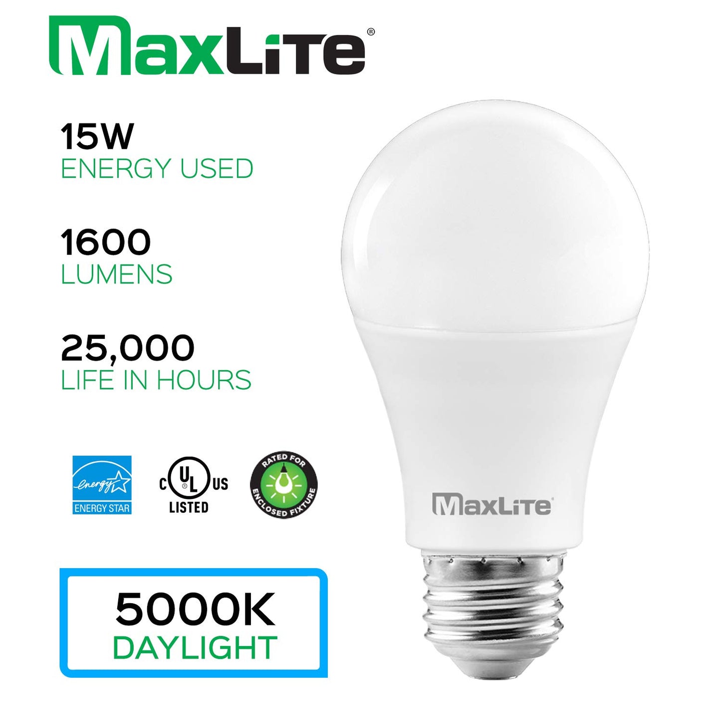 MaxLite A19 LED Bulb, Enclosed Fixture Rated, Daylight 5000K, 100W Equivalent, 1600 Lumens, Dimmable, E26 Medium Base, 12-Pack