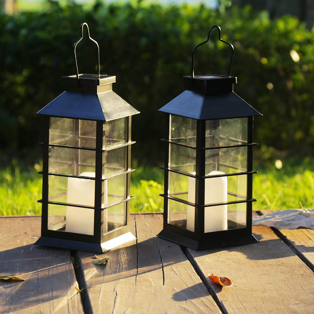 newvivid 2 Pack Outdoor Garden Hanging Lanterns with Waterproof LED Flickering Flameless Candle Solar Powered Lights Yard Decor Outdoor Decorative